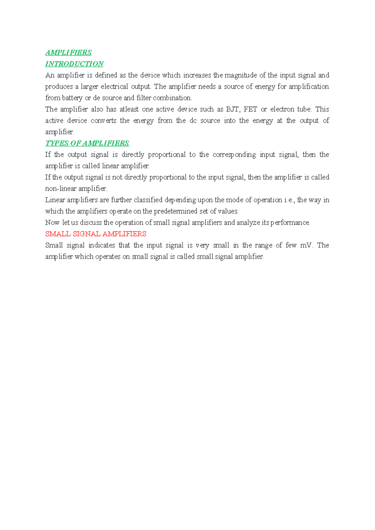Unit 2 Notes: Introduction to Amplifiers and Their Types - Studocu
