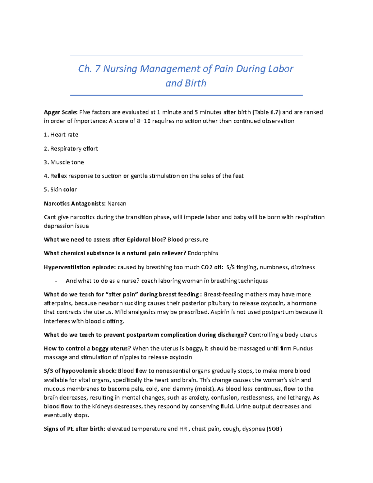 NUR 207 - Ch. 7 Pain Management Strategies During Labor and Birth - Studocu