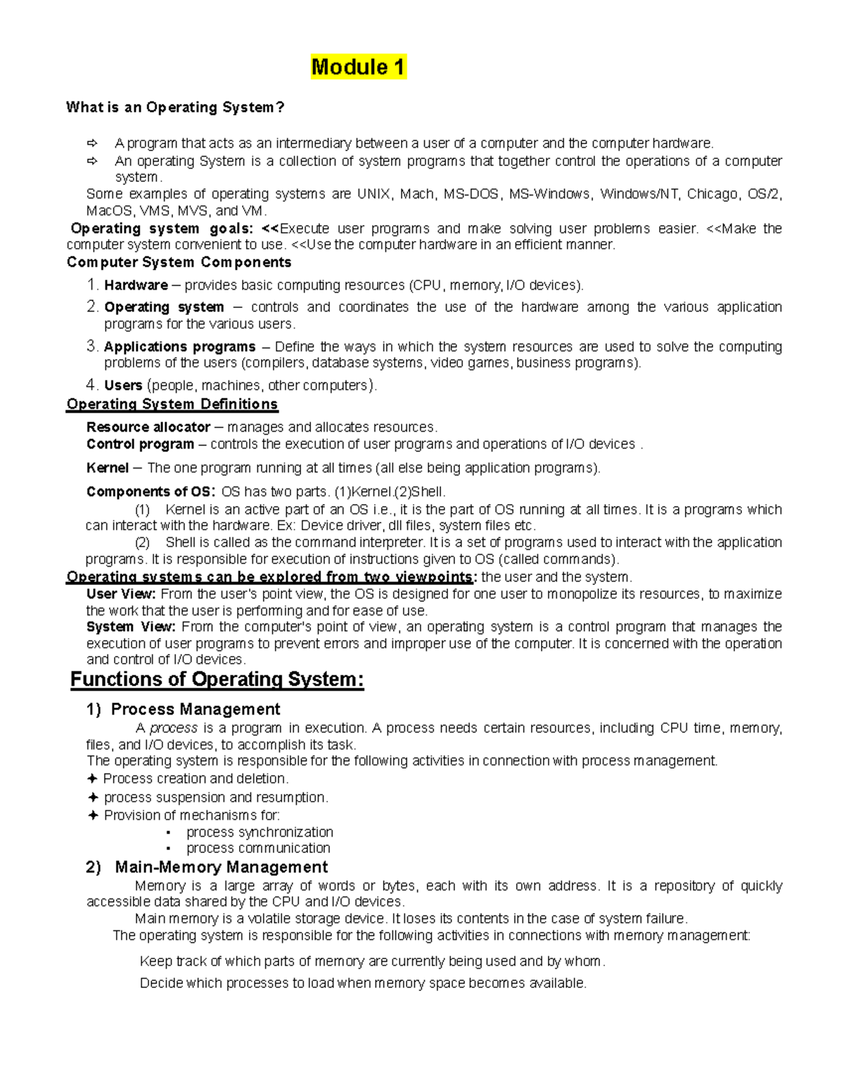 Os final notes - Module 1 What is an Operating System? ####### A ...