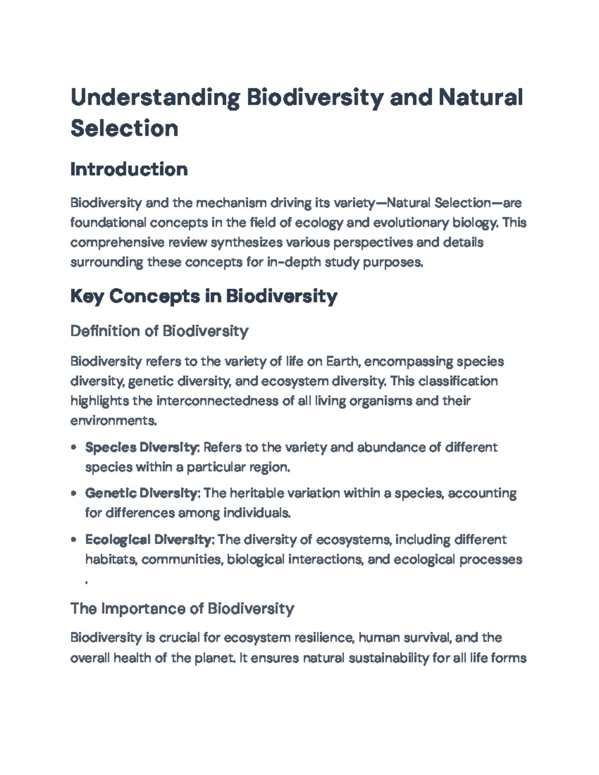 Understanding Biodiversity and Natural Selection in Ecology and ...