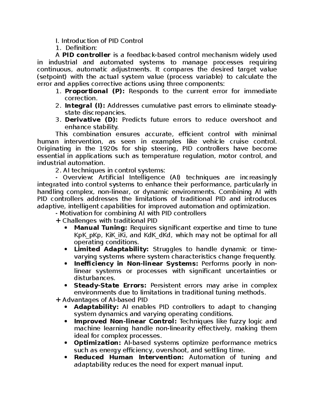 AI based control - none - I. Introduction of PID Control Definition: A ...