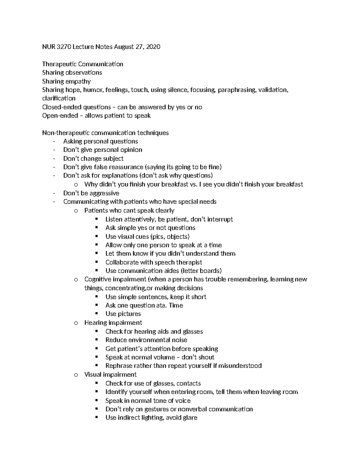 NUR 3270 Lecture Notes on Therapeutic Communication Techniques - Studocu
