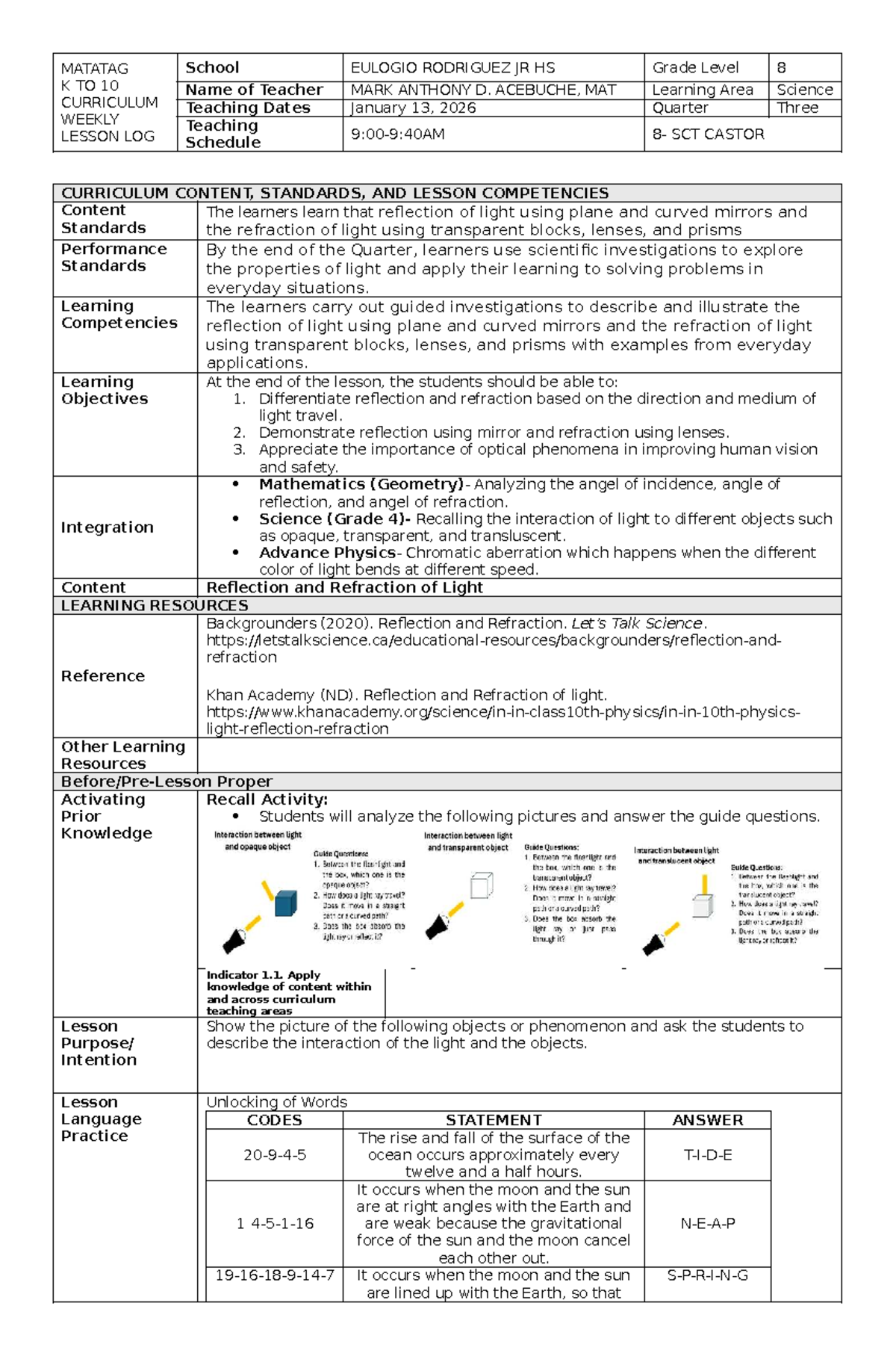MATATAG K to 10 Curriculum: Grade 8 Science Weekly Lesson Log - Studocu