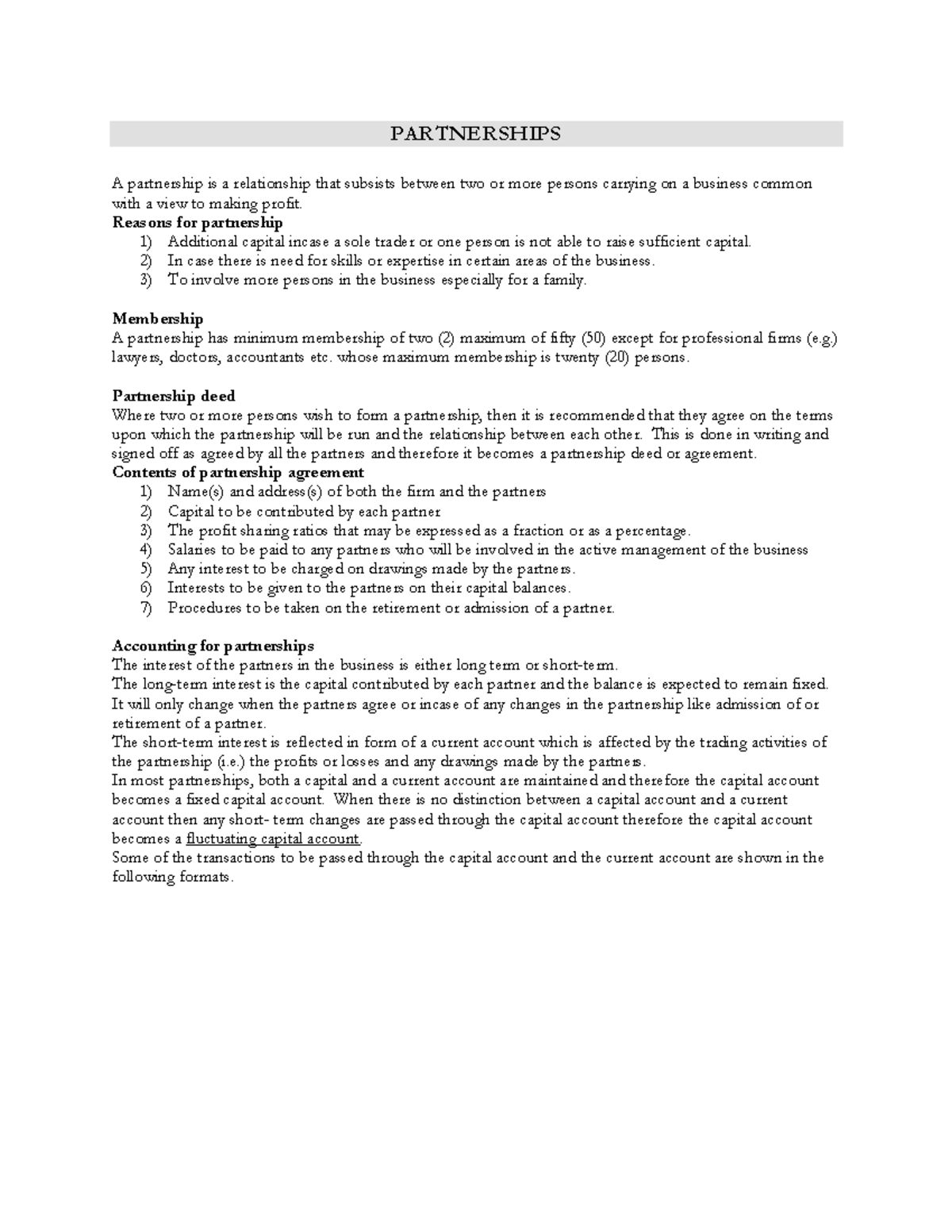 Notes IN Partnerships. (1) - PARTNERSHIPS A partnership is a ...
