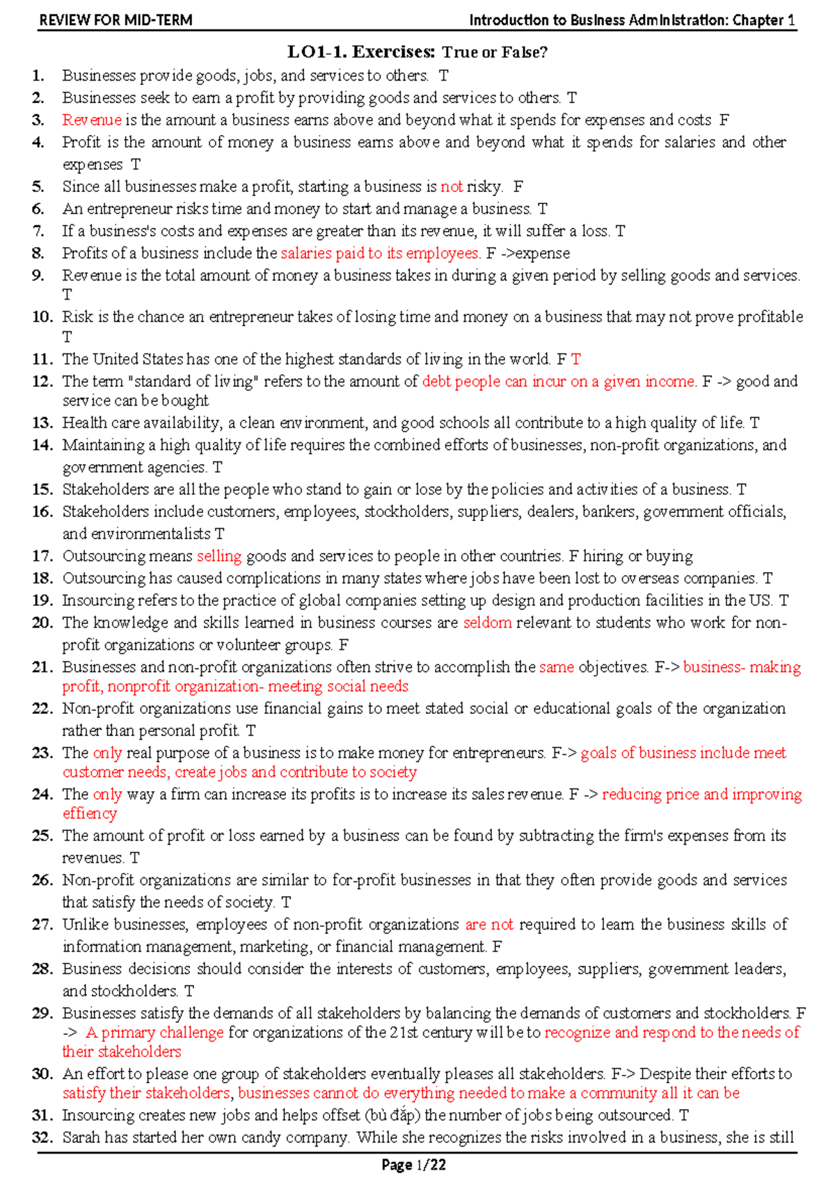 REVIEW FOR Introduction to Business Administration: Chapter 1 True ...