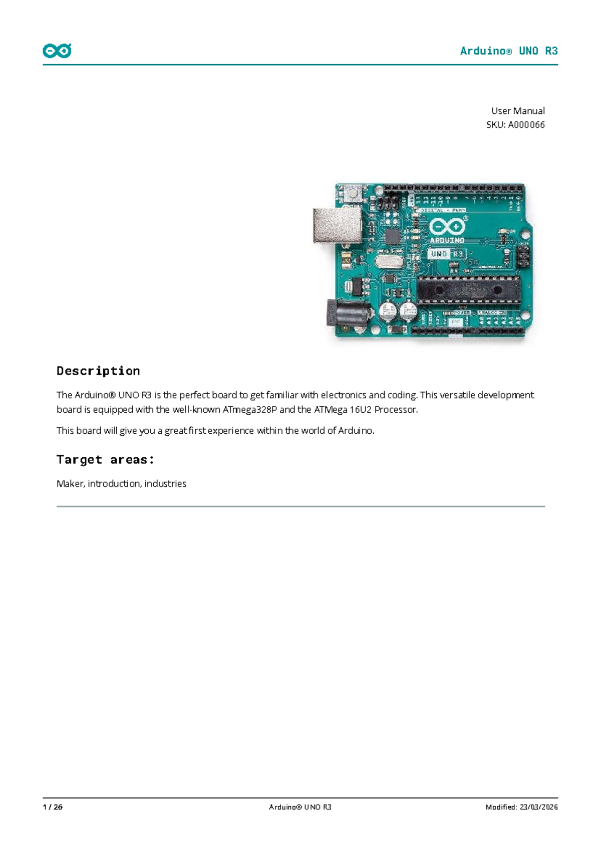 Arduino UNO R3 User Manual: Features & Specifications Guide - Studocu