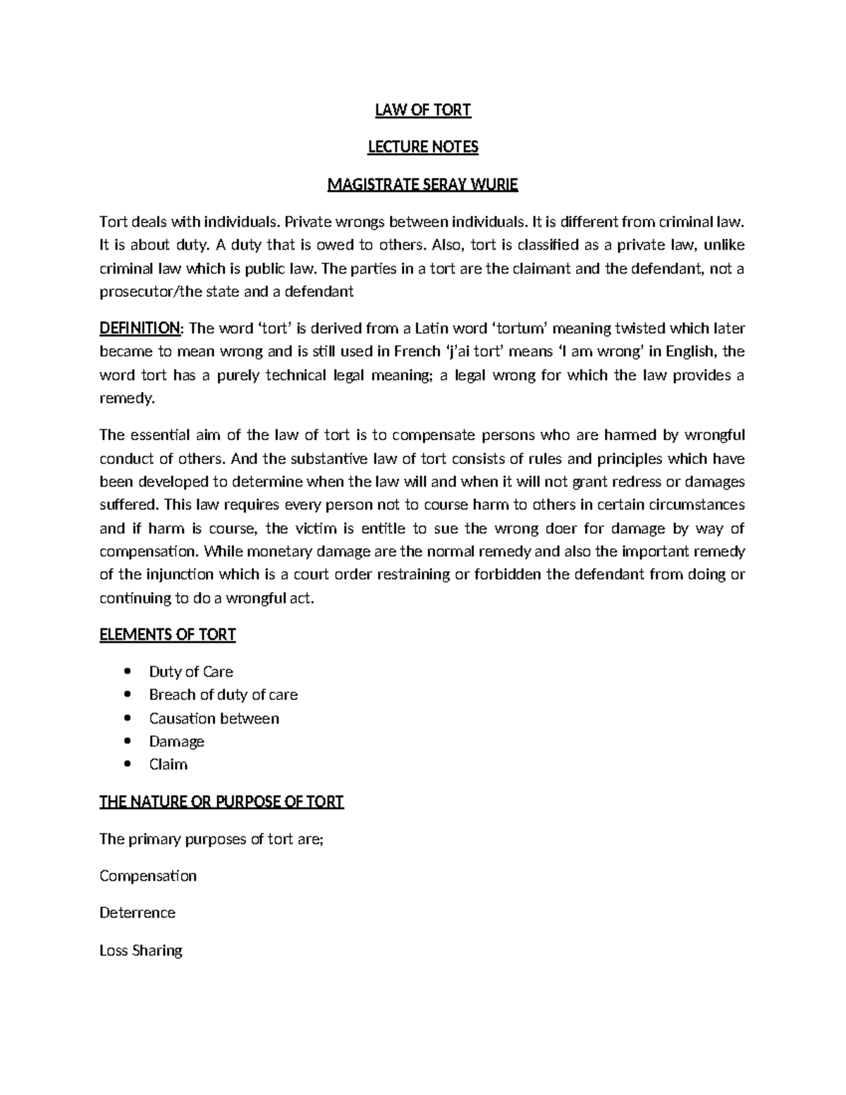 TORT LAW LECTURE NOTES: UNDERSTANDING NEGLIGENCE AND DUTY OF CARE - Studocu