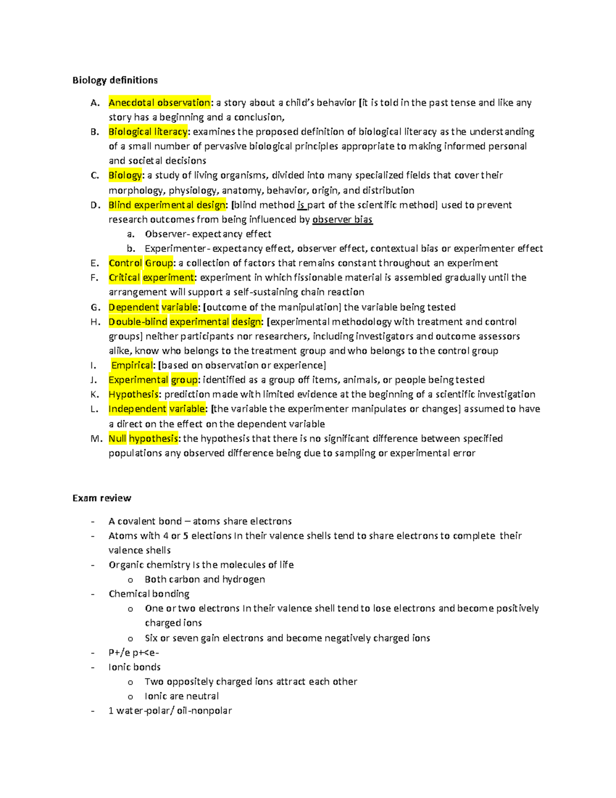 Biology Definitions and Exam Review Notes for BIOL 101 - Studocu