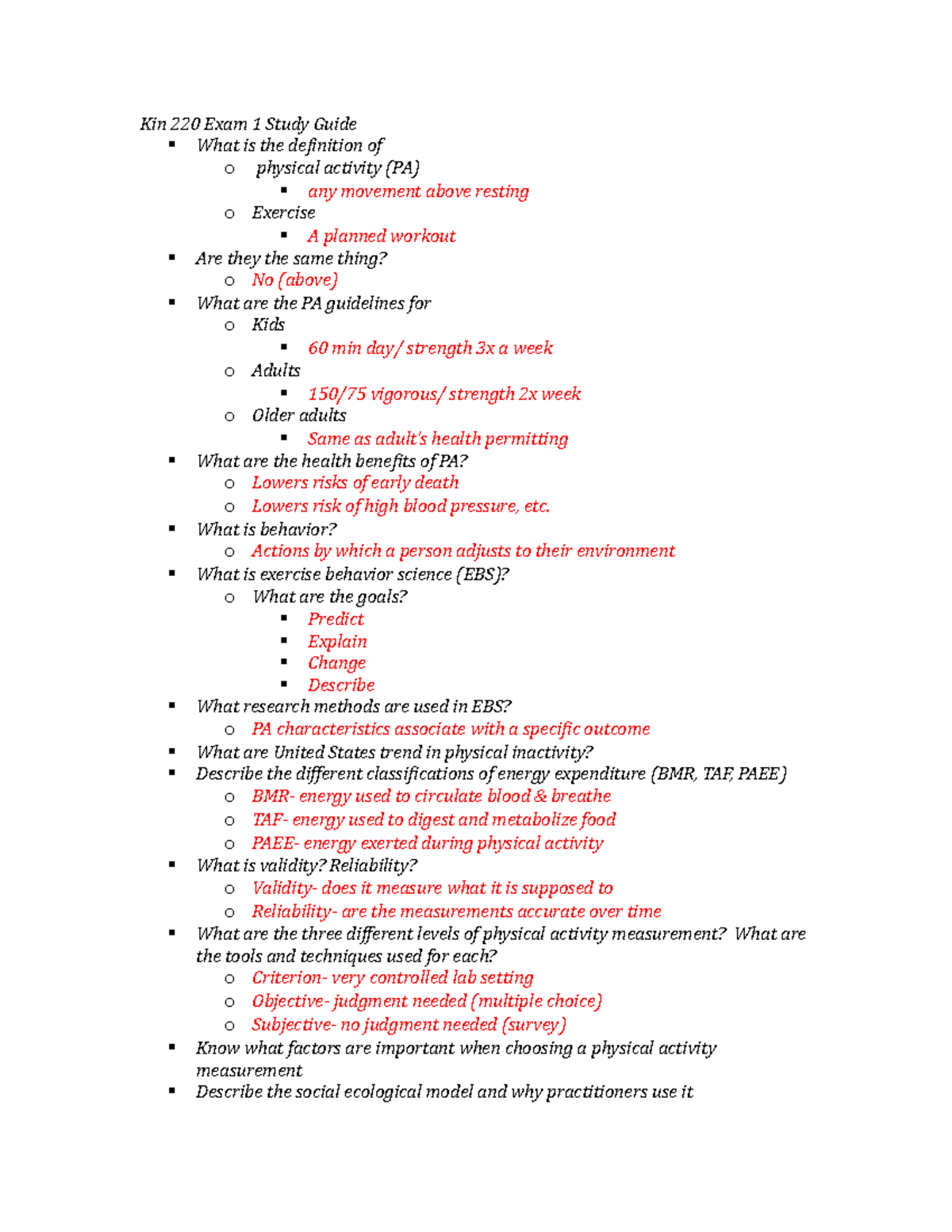 Kin 220 Exam 1 Comprehensive Study Notes and Key Concepts - Studocu