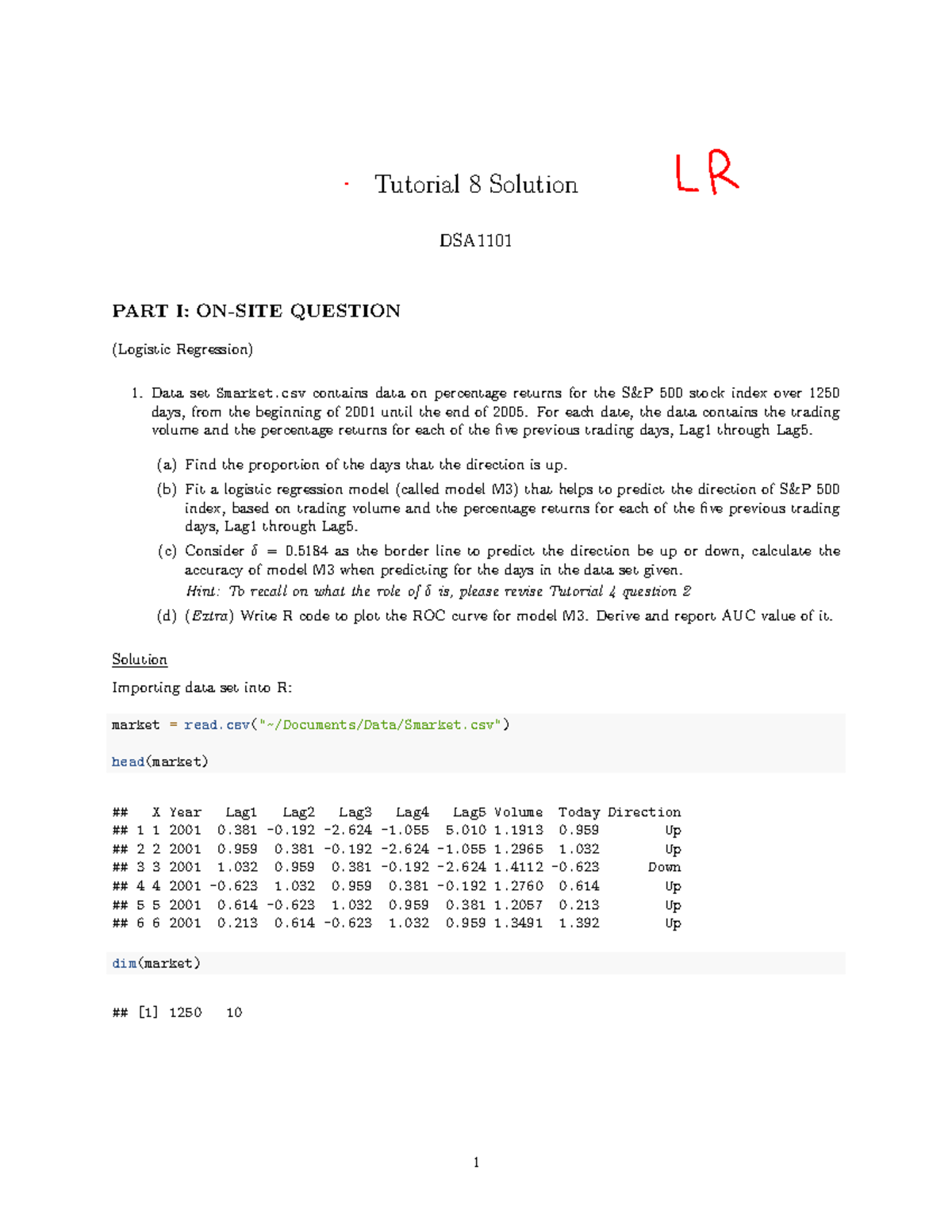 Tutorial 08 Solutions DSA1101: Logistic Regression Analysis - Studocu