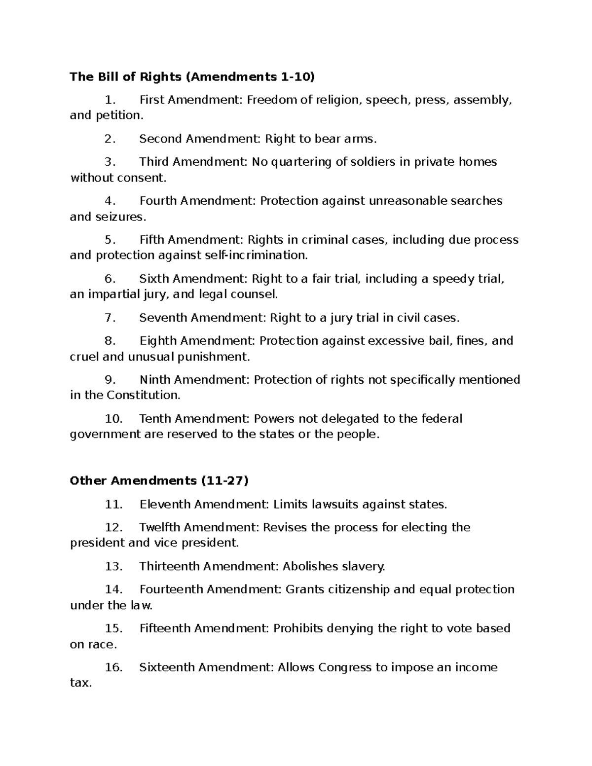 Political Science POLI 330 - The Bill of Rights (Amendments 1-10) 1 ...