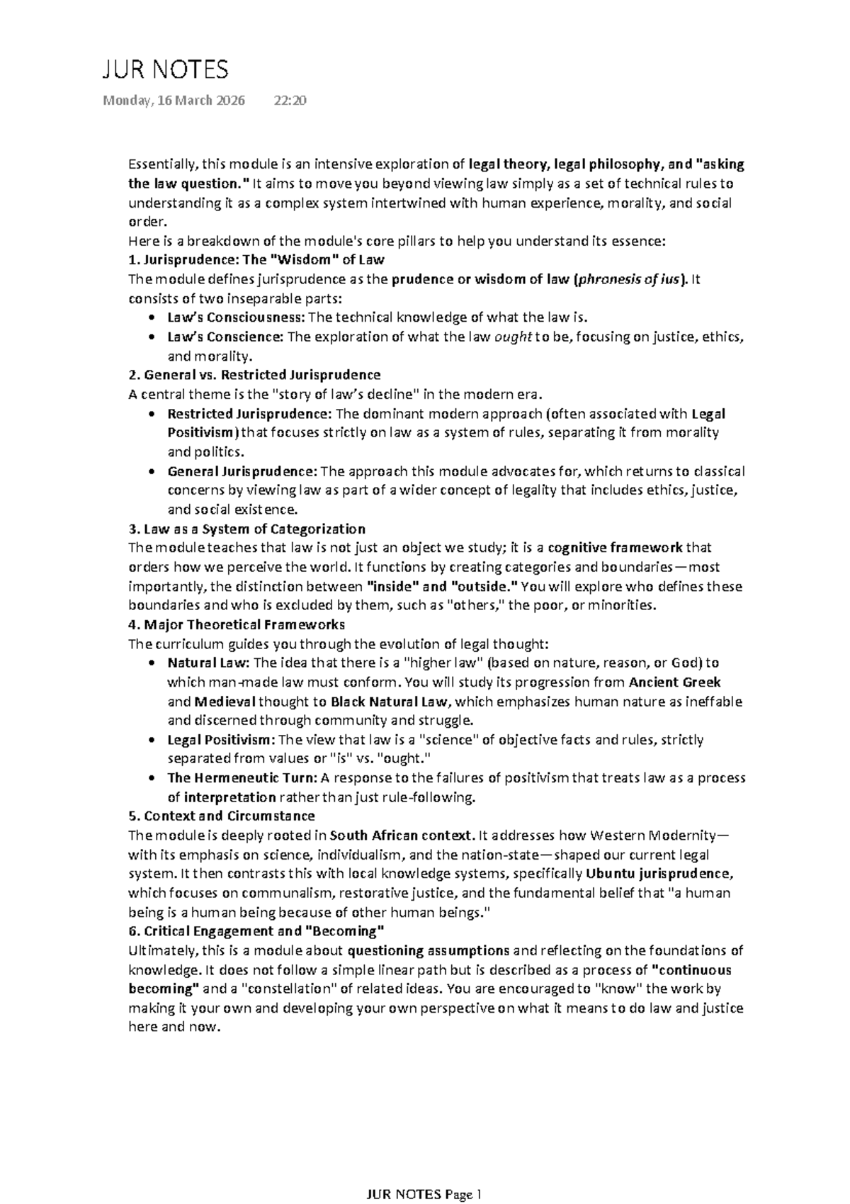 JUR 101: Comprehensive Notes on Legal Theory & Philosophy - Studocu