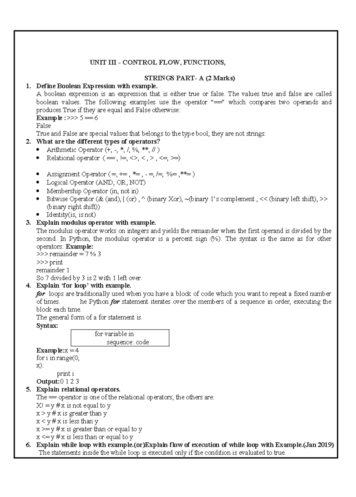 3unitpp - notes 2marks - for variable in sequence: code block UNIT III ...