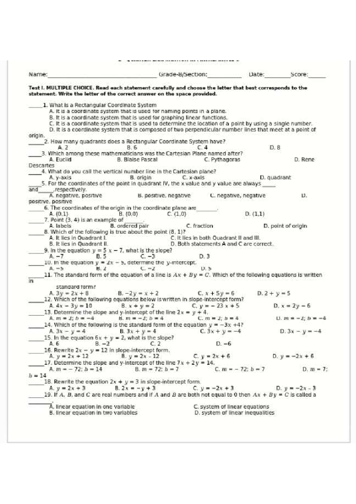 MATH 8 - Test 1 Review: Rectangular Coordinate System - Studocu