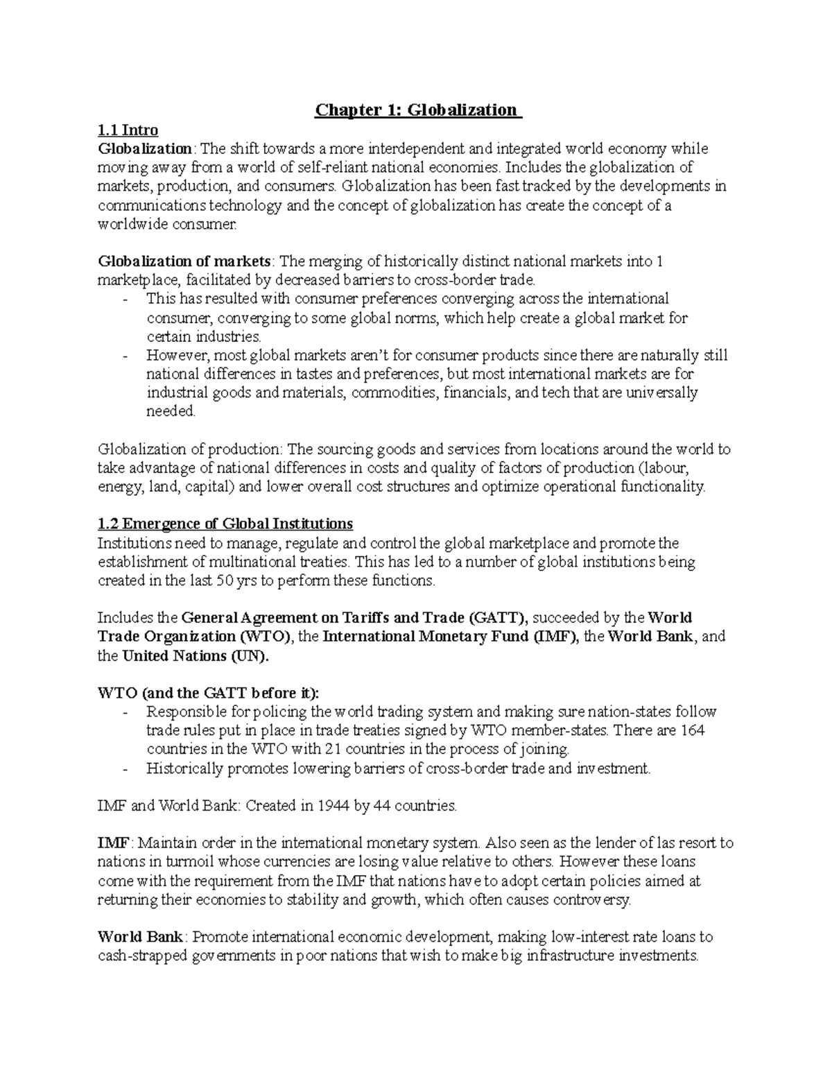 211 Course Notes - Chapter 1: Globalization 1 Intro Globalization: The ...
