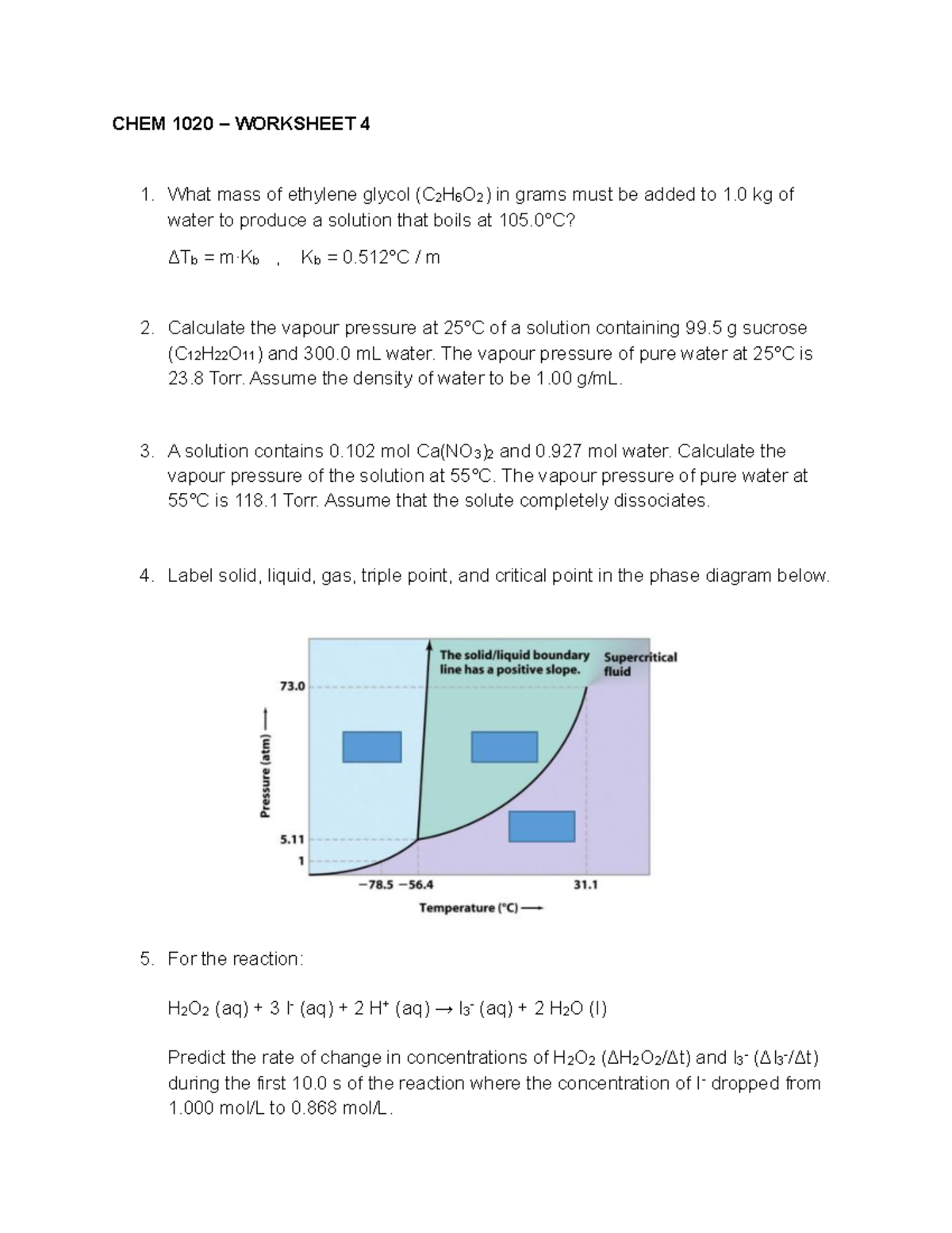 CHEM 1020 - Worksheet 4: Solutions, Rates, and Phase Diagrams - Studocu