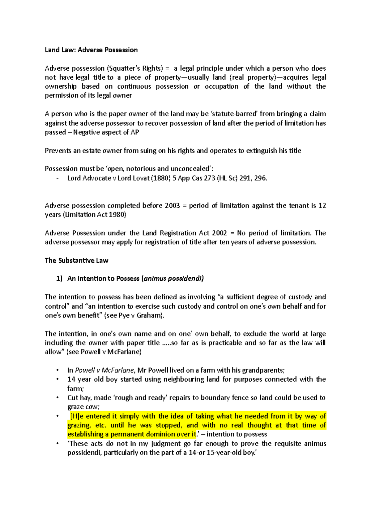 Adverse Possession - Land law notes - Land Law: Adverse Possession ...