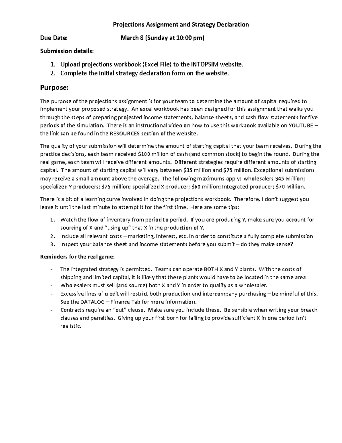 INTOPSIM Projections Assignment & Strategy Declaration Guide - Studocu