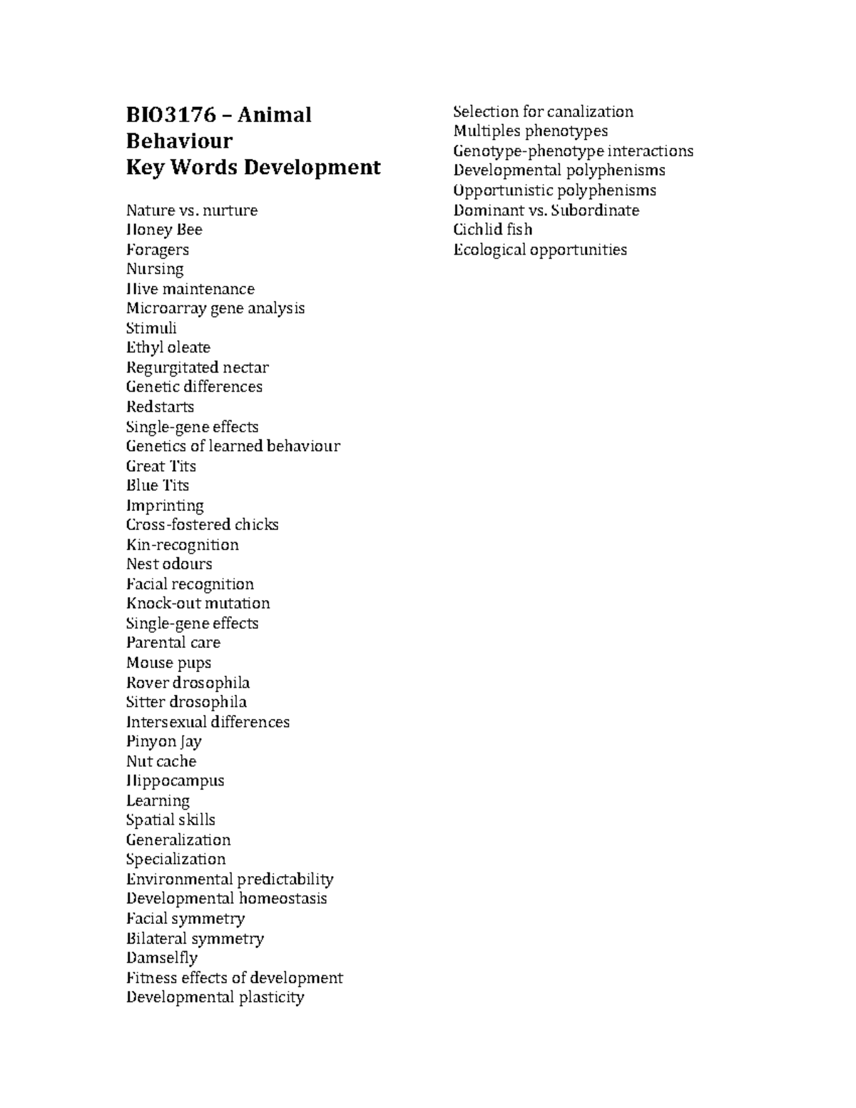 BIO3176 – Key Words 3-Development - BIO3176 – Animal Behaviour Key ...
