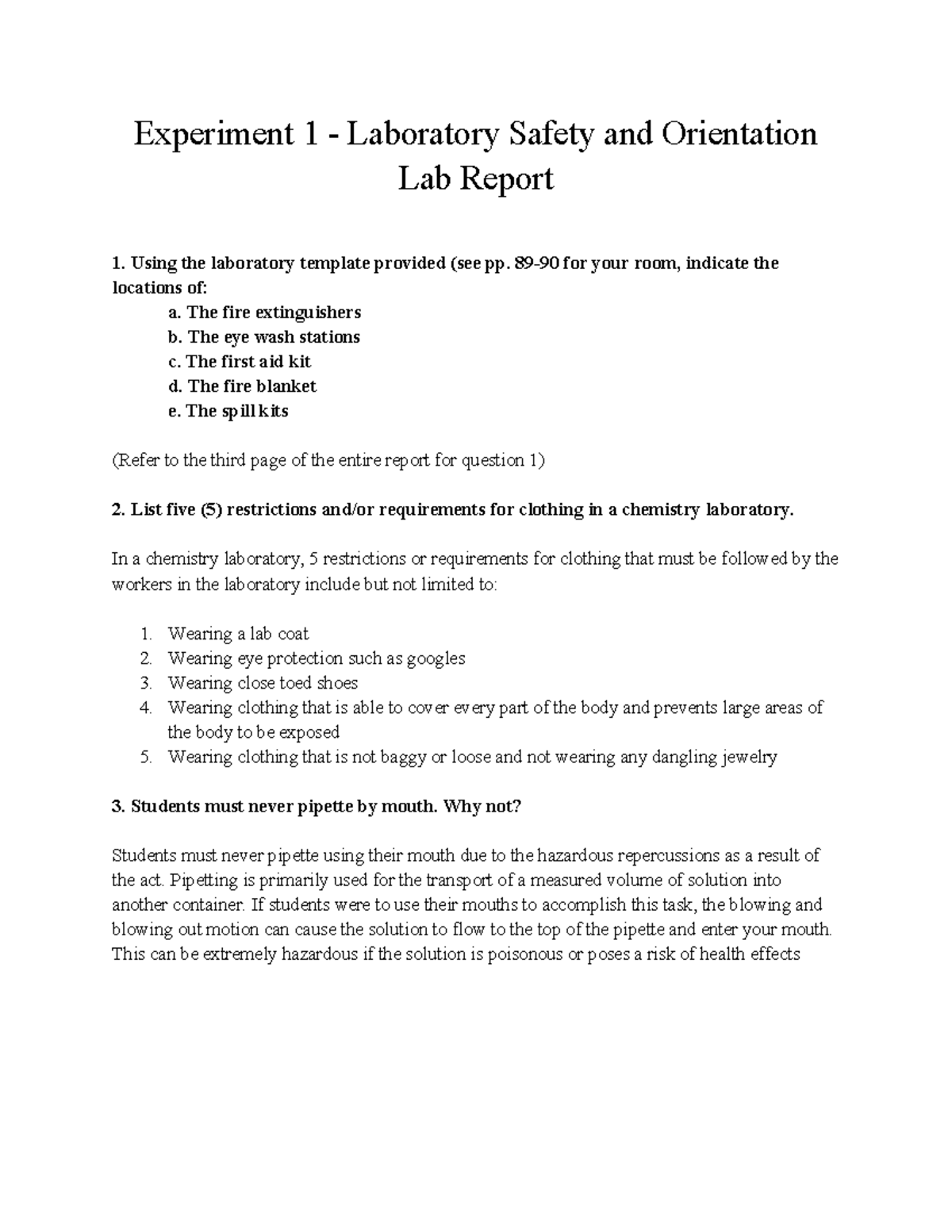 Chemistry Lab Report 1 - Lab one - Experiment 1 - Laboratory Safety and ...
