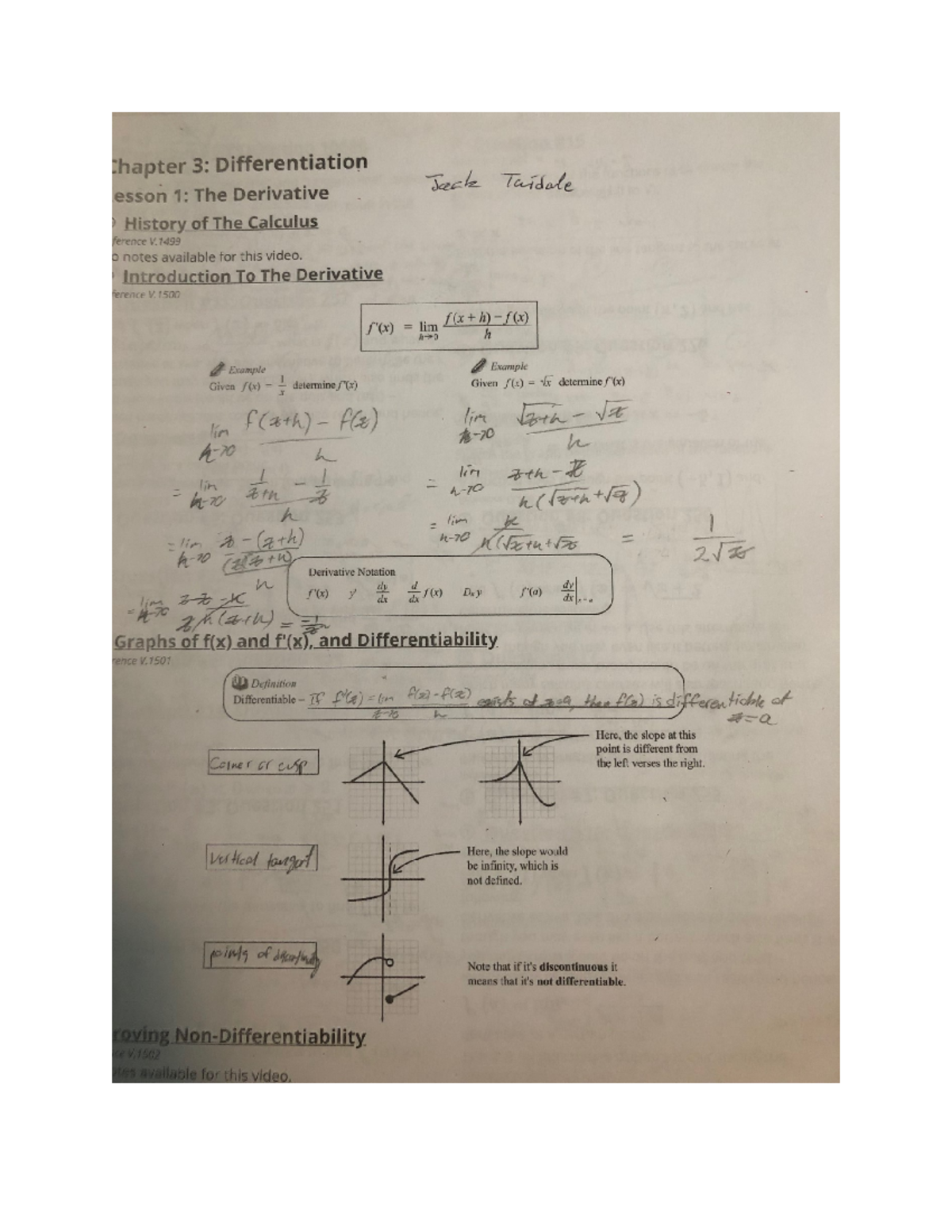 Calculus 12 Chapter 3 Work Part 1: Tangent Lines & Derivatives - Studocu