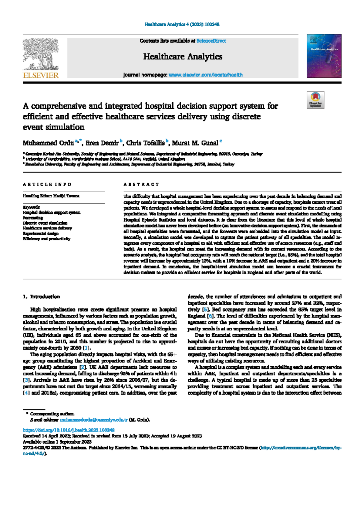 A Comprehensive Hospital Decision Support System using DES (Healthcare ...