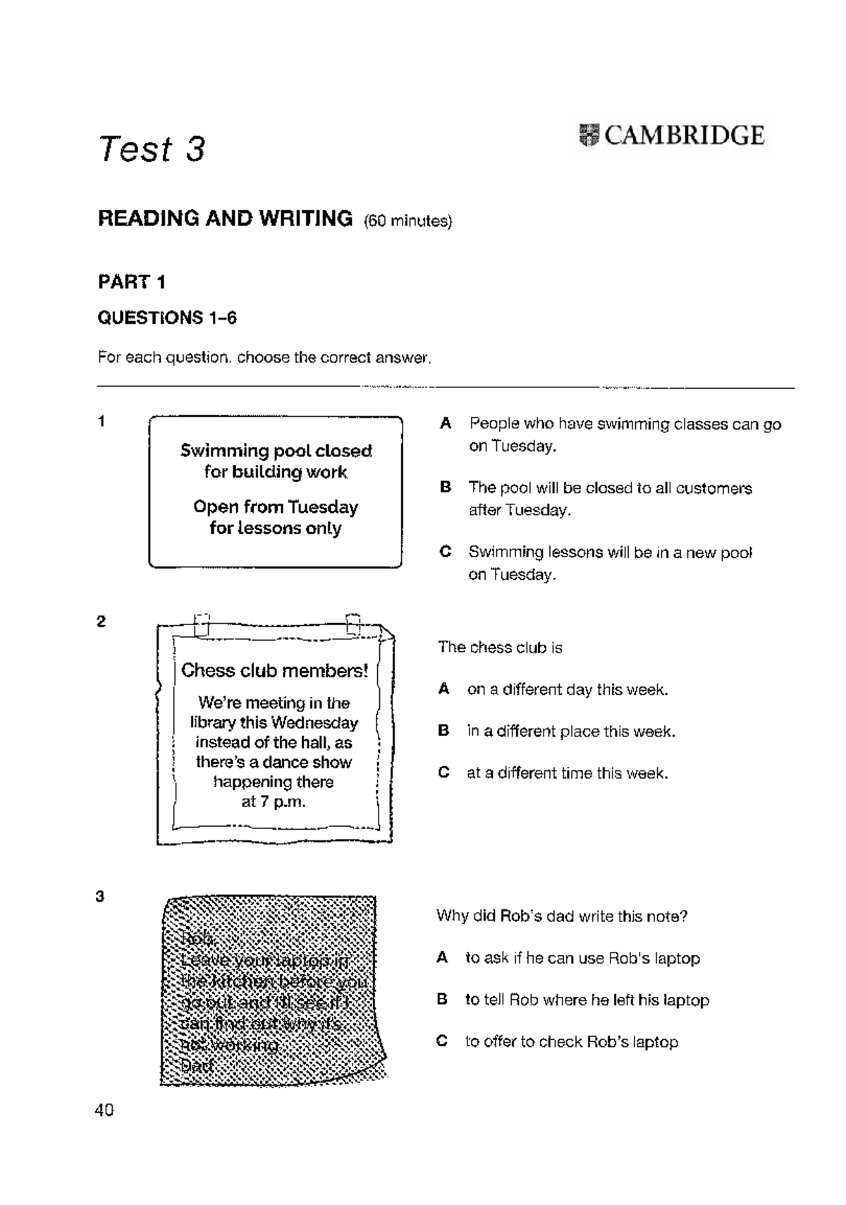 Test 3 KET Authentic Practice - Reading and Writing Questions - Studocu