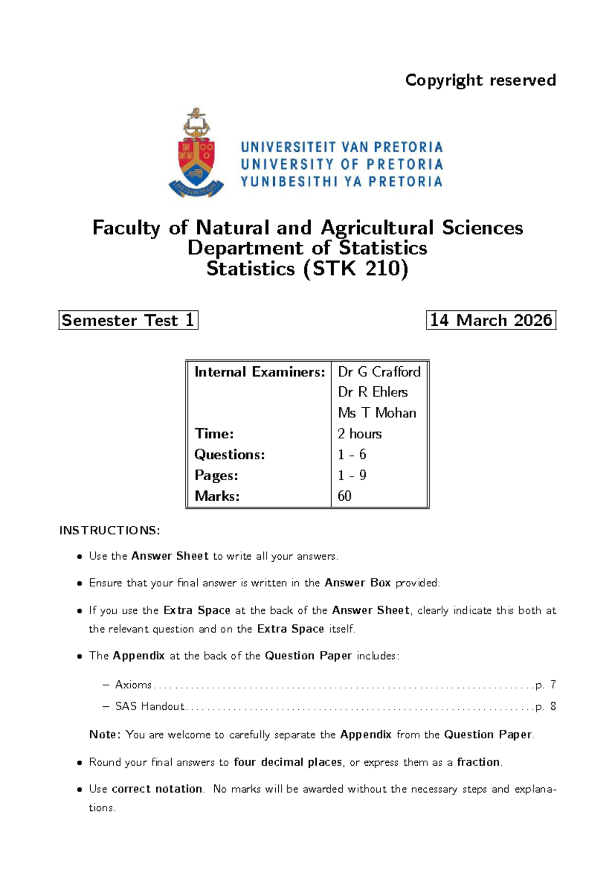 STK 210 Semester Test 1 2026 - Past Paper & Solutions - Studocu