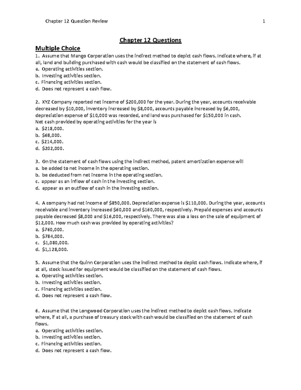Chapter 12 Cash Flow Questions for Final Exam Review - Studocu