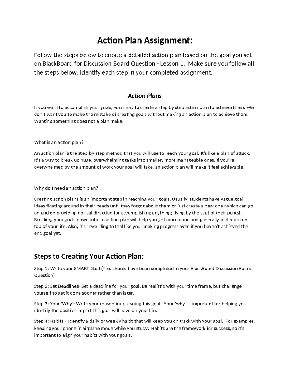 Action Plan Assignment - Action Plan Assignment: Follow the steps below ...