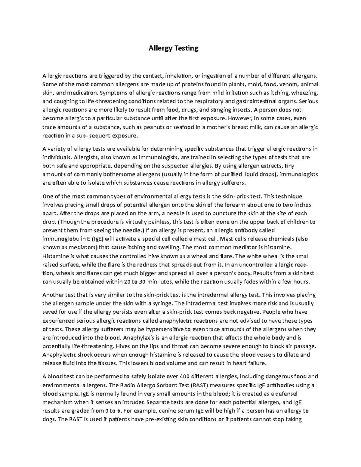 Allergy Testing: Understanding Reactions and Diagnostic Methods - Studocu