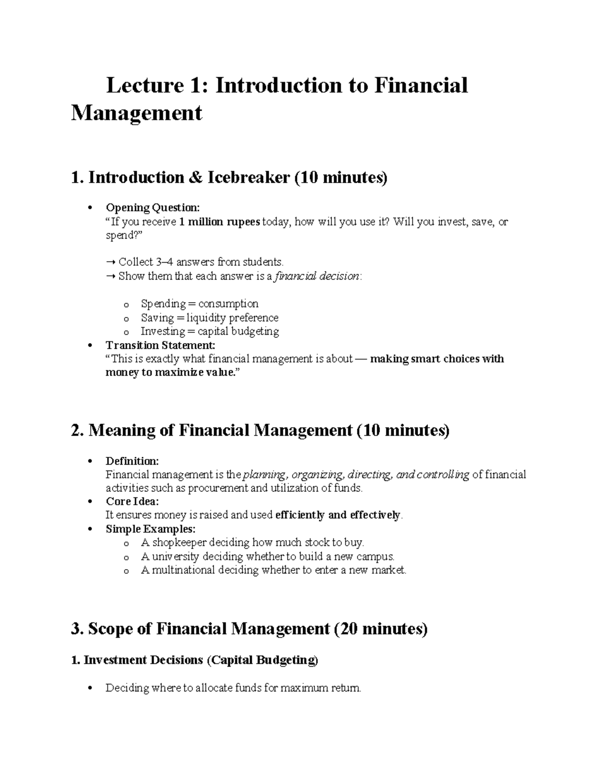 FM 📘 Lecture 1: Intro to Financial Management Concepts - Studocu