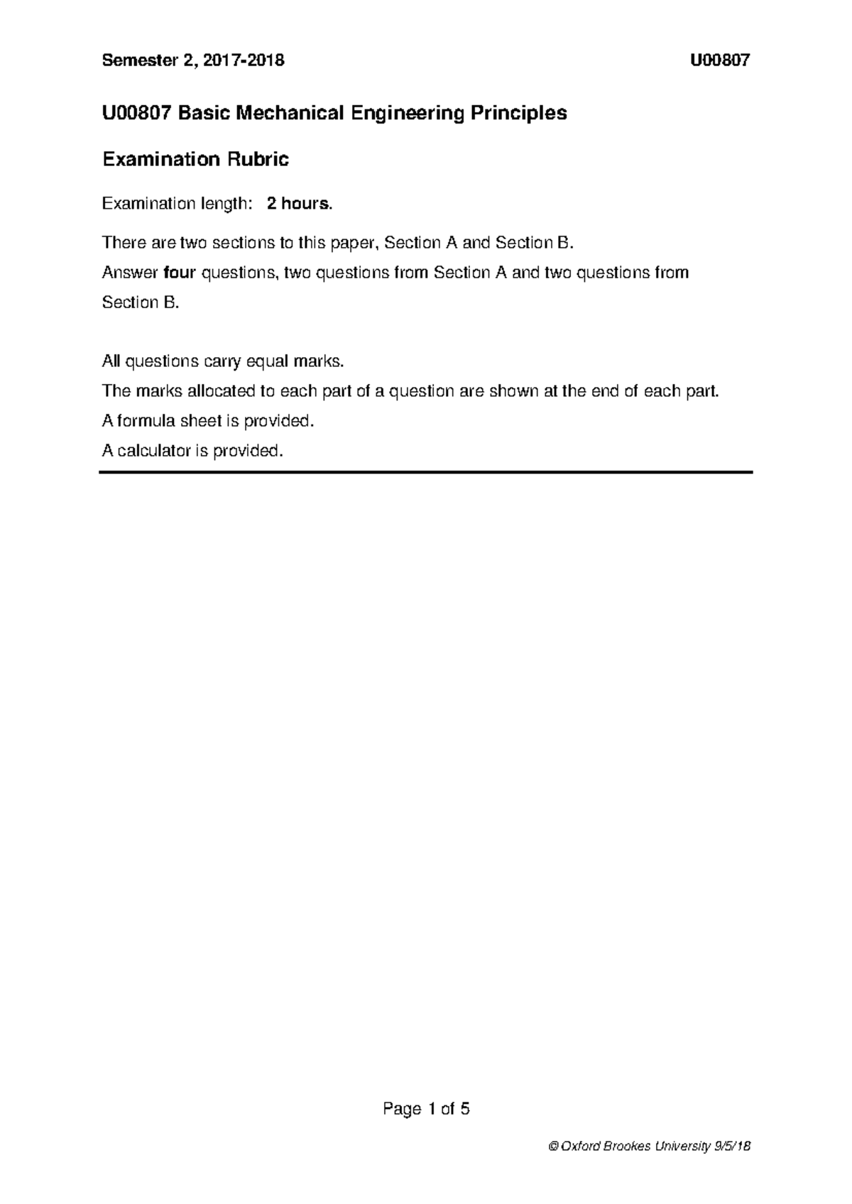 U00807 Basic Mechanical Engineering Principles Past Exam Paper - Studocu