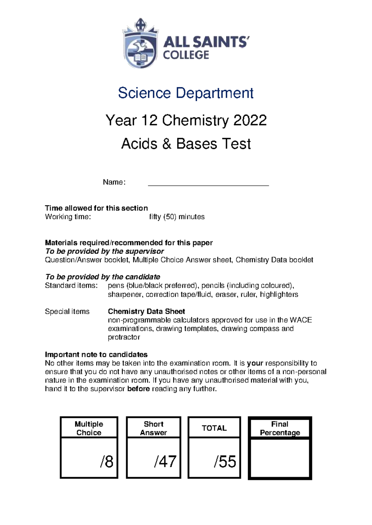 12CHE Acids & Bases Test - Year 12 Chemistry 2022 - Studocu