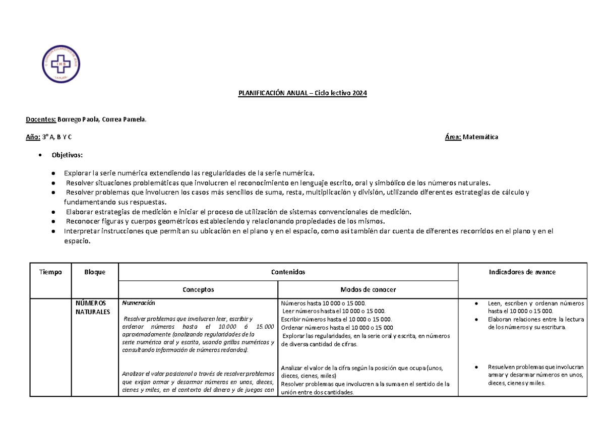 Planificación Anual Matemática 2024 - Docentes Borrego y Correa - Studocu