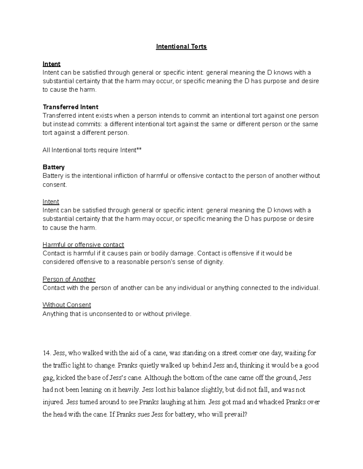 Intentional Torts Guide: Understanding Key Concepts and Cases - Studocu