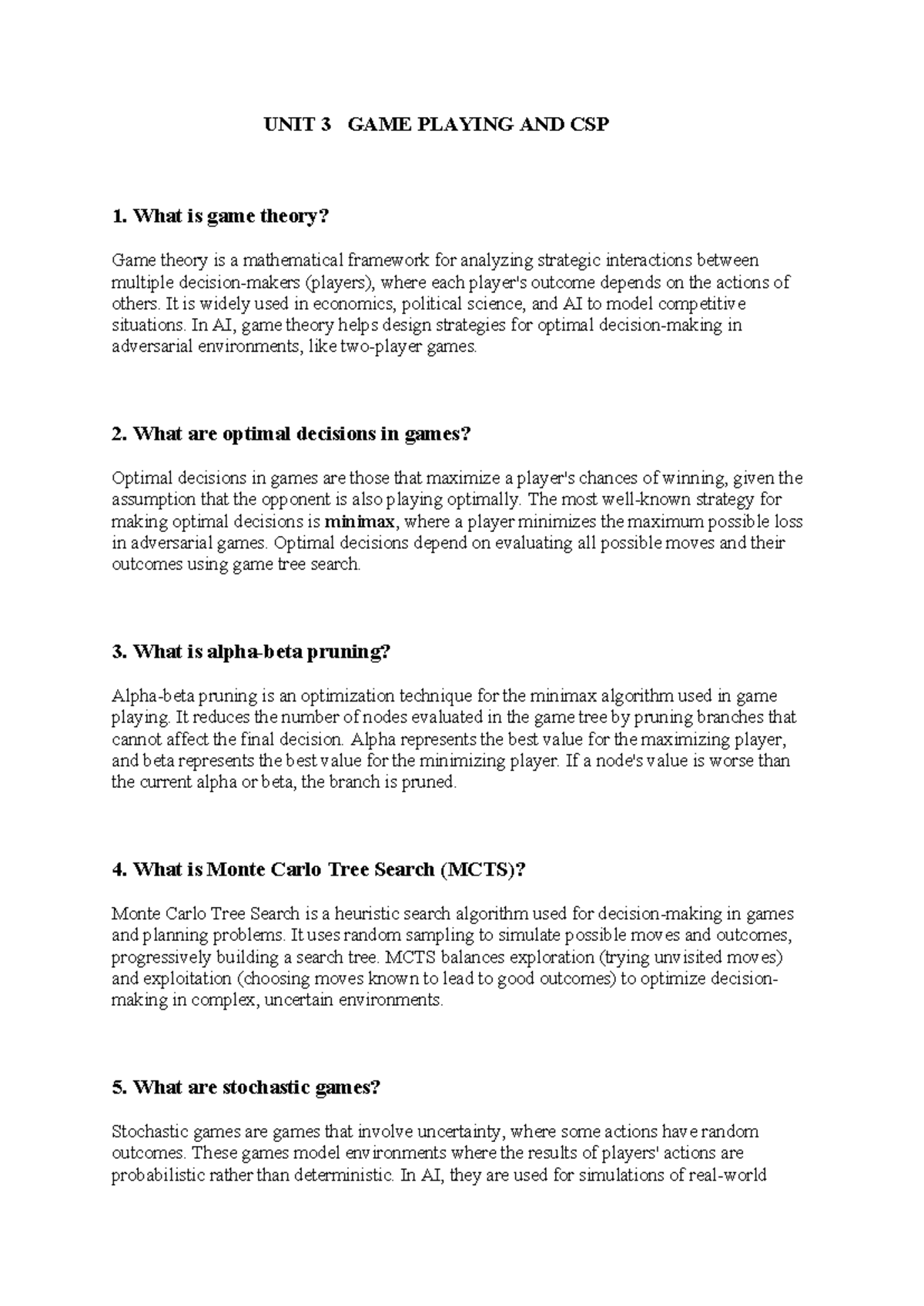 UNIT 3 GAME PLAYING AND CSP: Key Concepts and Strategies - Studocu