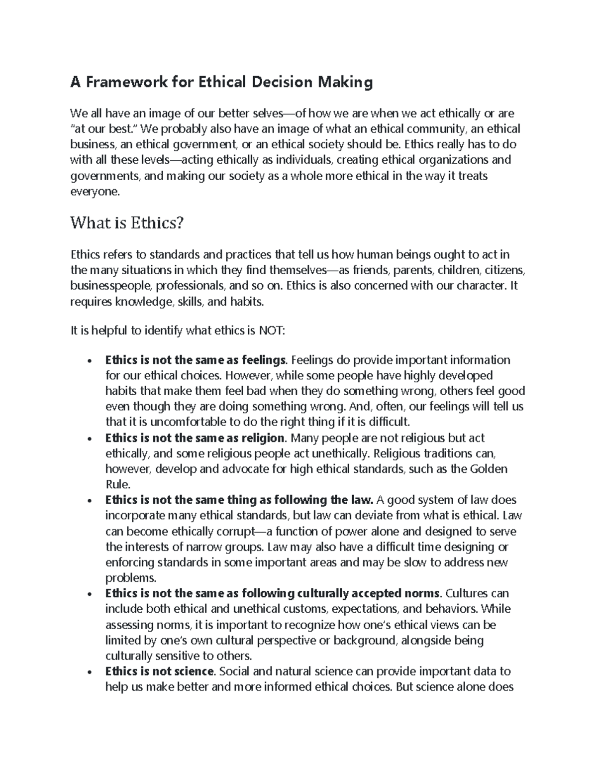 Ethics 101: A Framework for Ethical Decision Making and Analysis - Studocu