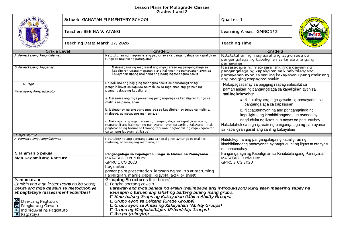 Lesson Plans for Multigrade Classes (Grades 1 & 2) - GMRC 2 - Studocu