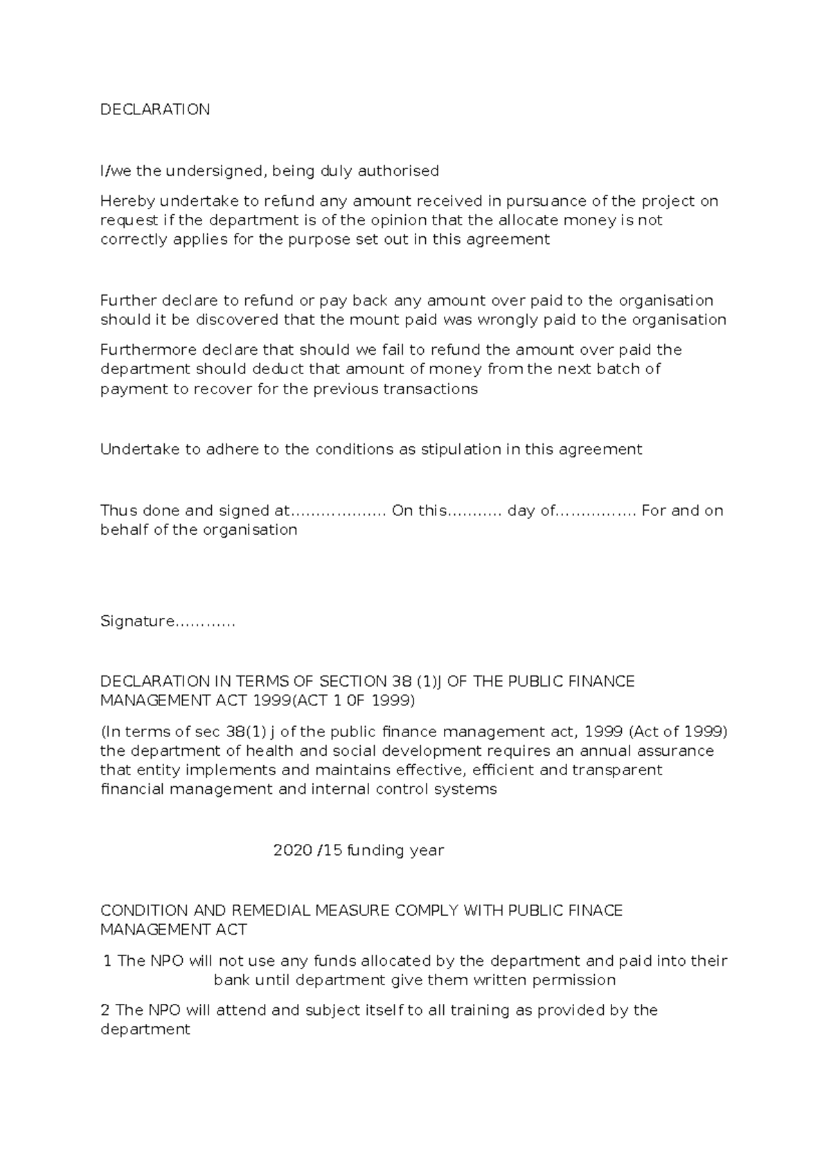 Declaration of Compliance with Public Finance Management Act 2020 - Studocu
