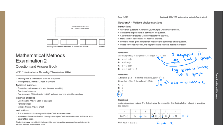 2024 VCE Mathematical Methods Exam 2 - Section A Questions - Studocu