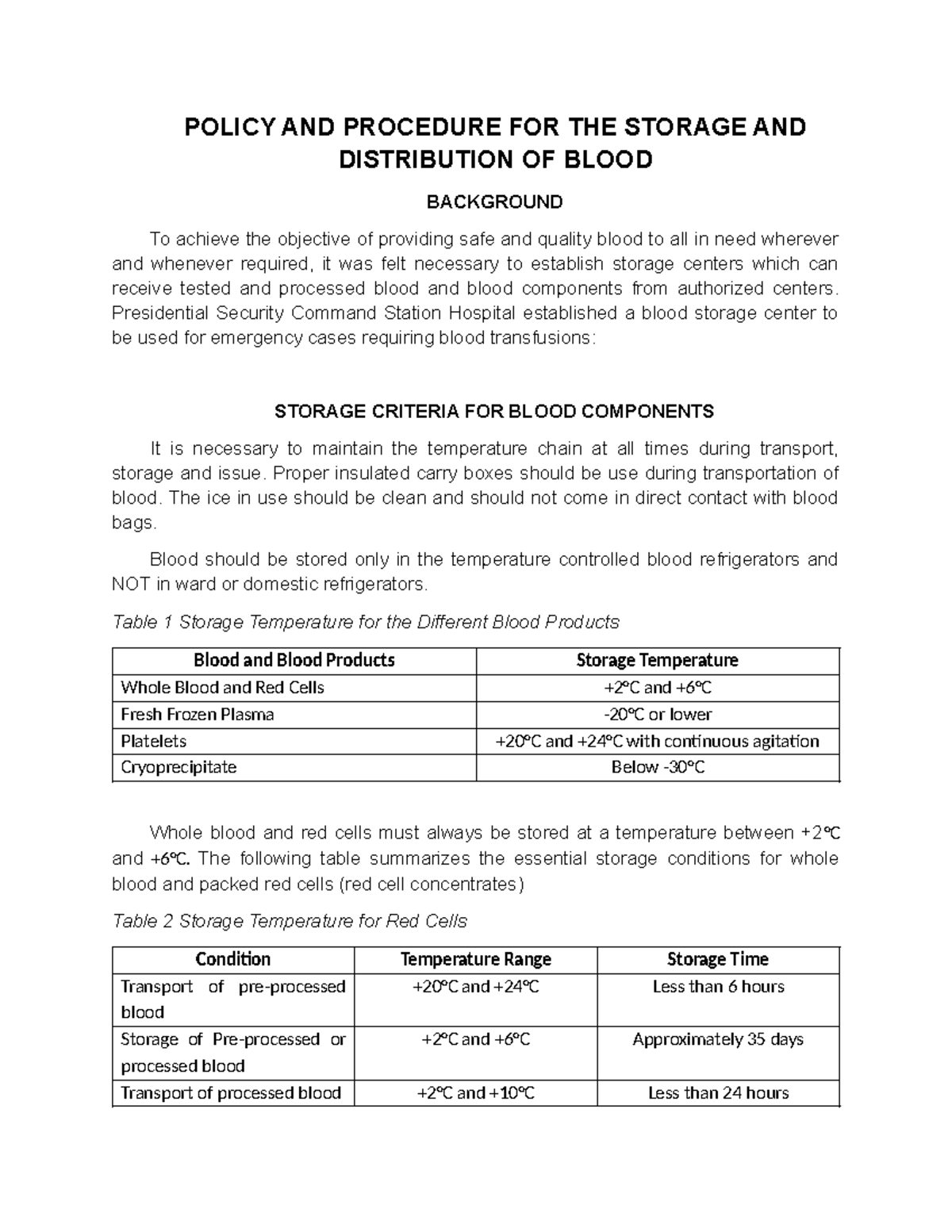 POLICY AND PROCEDURE FOR STORAGE & DISTRIBUTION OF WHOLE BLOOD - Studocu
