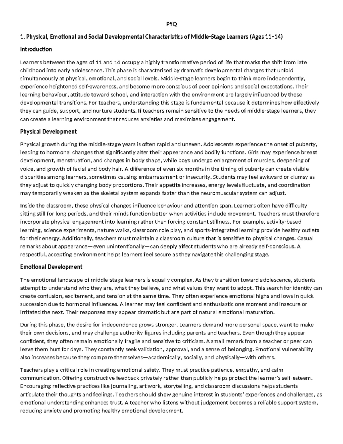 PYQ 1. Developmental Characteristics of Learners Aged 11-14 - Studocu