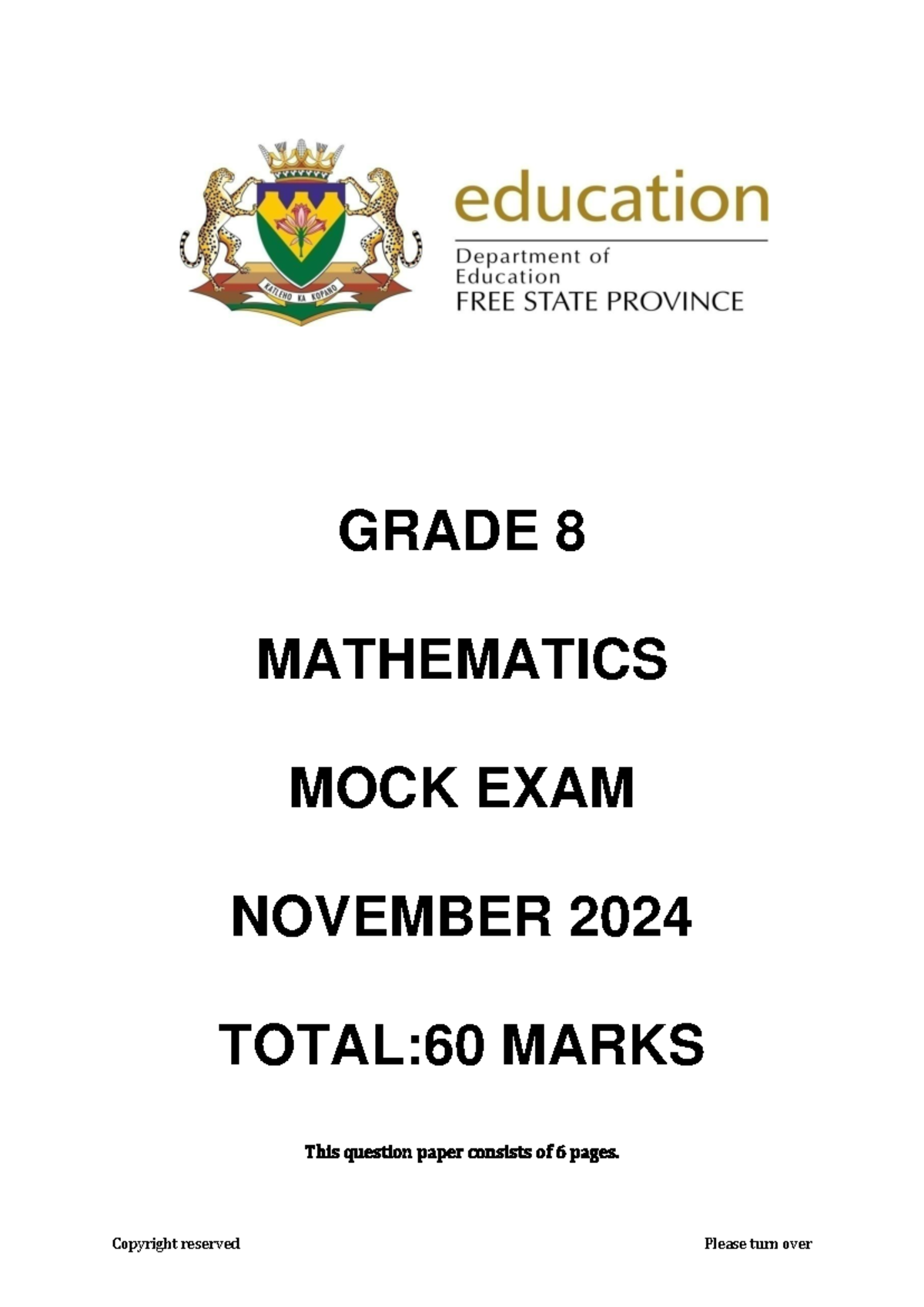 1 x 2024 November Grade 8 Maths Paper 2 English MOCK EXAM - GRADE 8 ...