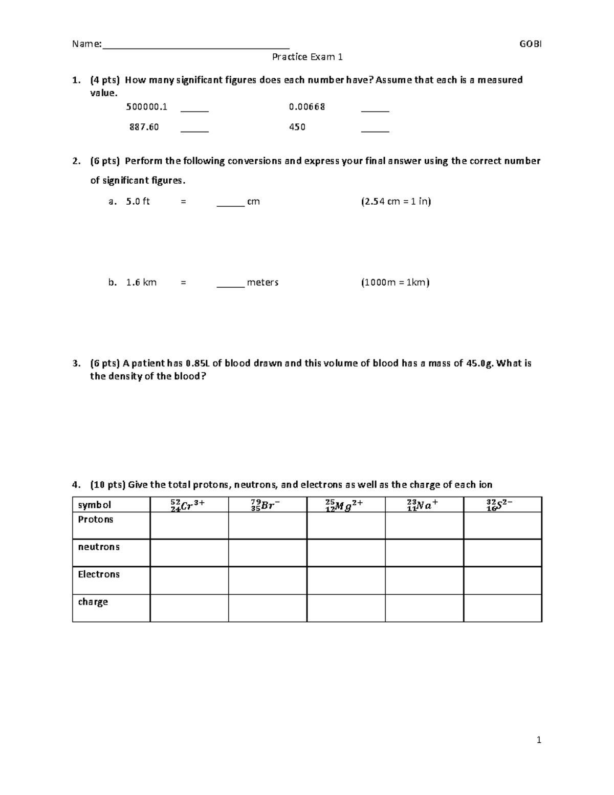 Exam 1 Practice Questions - Chemistry 101 - Studocu