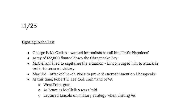 Dr. Bach HIST 105 - Civil War Notes: McClellan, Emancipation, and Key ...