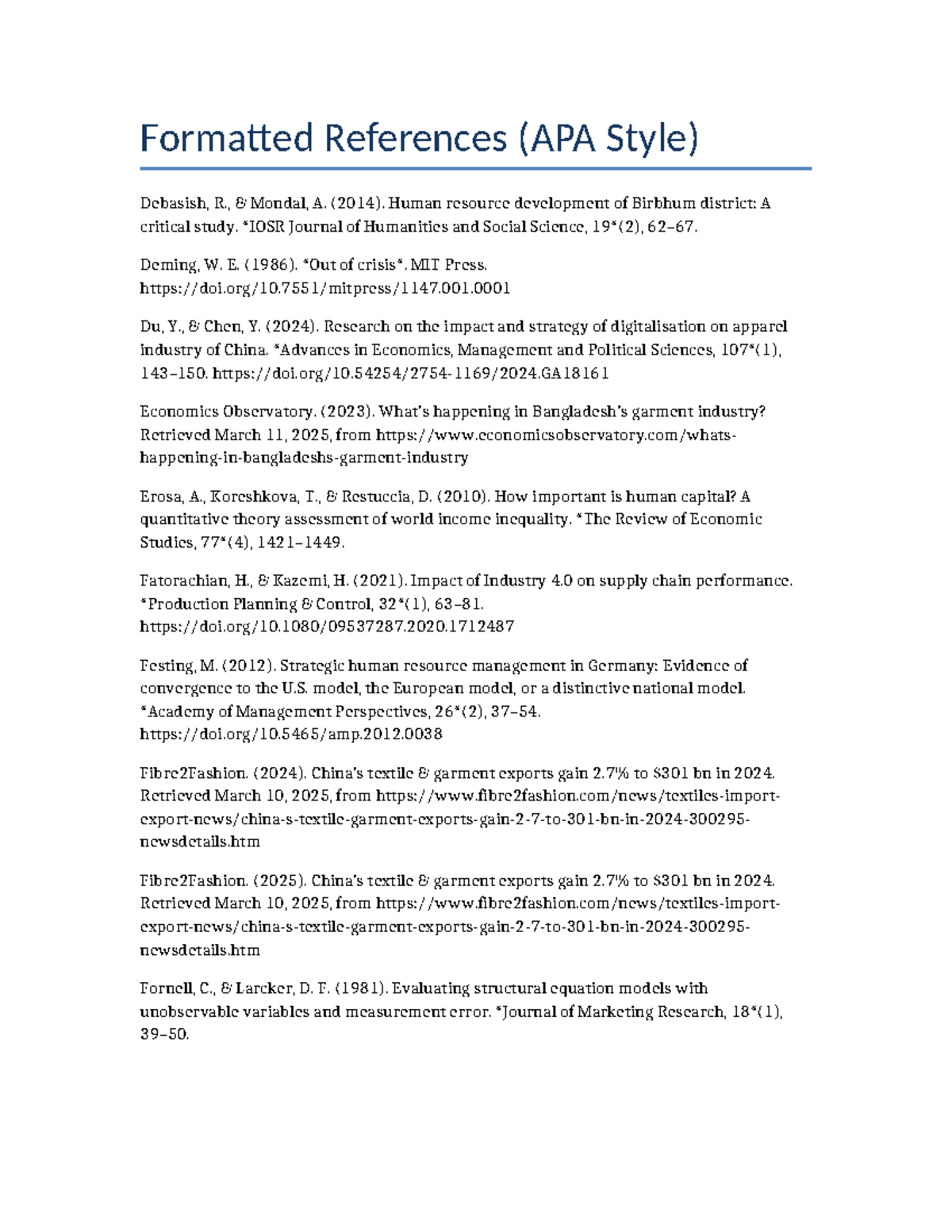Formatted References (APA Style) for SSAS Course - Studocu