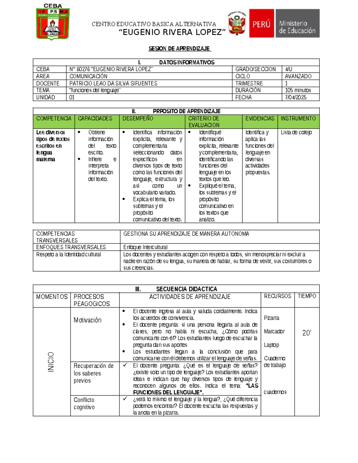 Sesión de aprendizaje 4°: Funciones del lenguaje en textos escritos - Document Preview