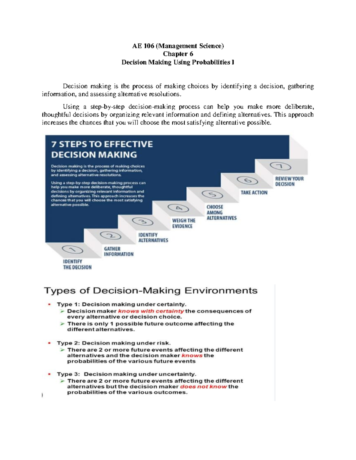 AE 106 (Management Science) Chapter 6: Decision Making Under ...