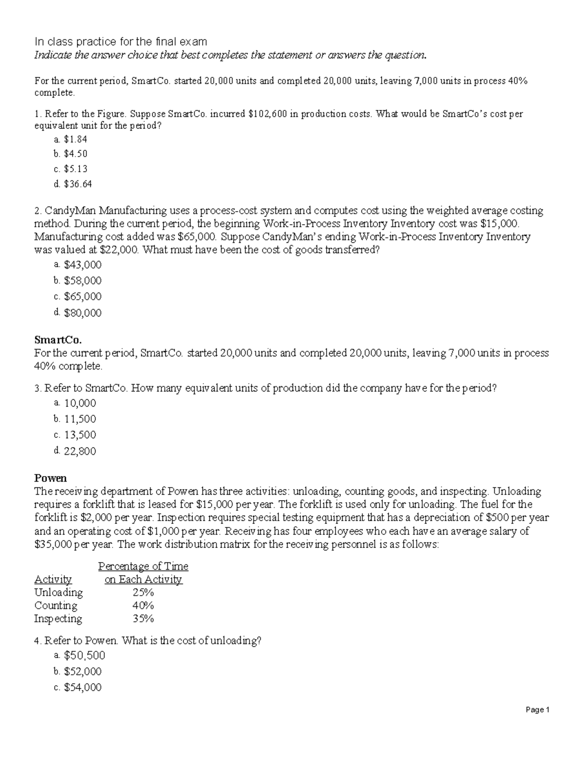 Practice for Final Exam ACCT 3000: Cost Accounting Concepts - Studocu